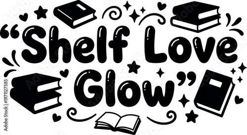 Shelf love glow phrase with books and stars black and white vector art