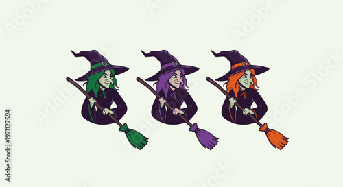 Three cartoon witches on broomsticks with colorful hair