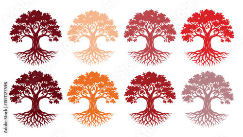 生命の樹、根と枝が広がる力強いシンボル。成長と再生を象徴する、様々な赤とオレンジの色合いのベクターイラストセット。自然、スピリチュアル、環境デザインに最適なグラフィック素材。