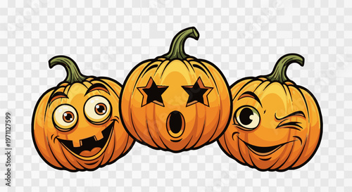 Three cartoon pumpkins with expressive faces on a transparent background