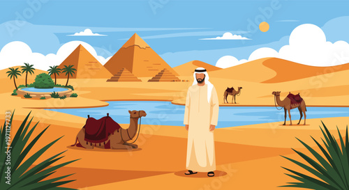 Man in traditional white Arabic clothing stands by an oasis with camels and the great pyramids in the hot desert.