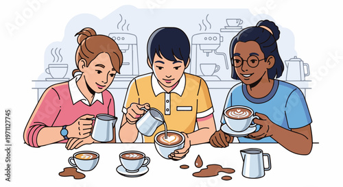 Three individuals practice latte art with coffee and milk pitchers