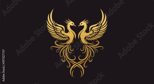 Twin golden phoenixes with ornate tails on a dark background