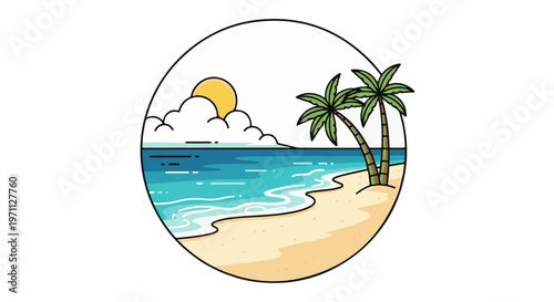 Tropical beach scene with palm trees, ocean waves, and a sunny sky