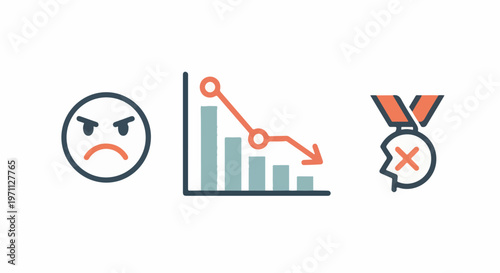 Three icons angry face, downward trend graph, and a medal with an X