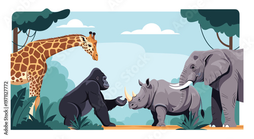 African wildlife animals including a giraffe, gorilla, rhinoceros, and elephant gather together in a peaceful jungle forest setting.