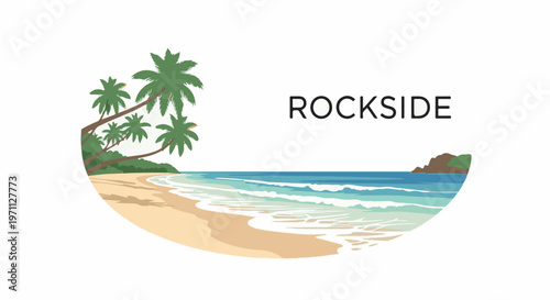 Tropical beach scene with palm trees, ocean waves, sandy shore, and island