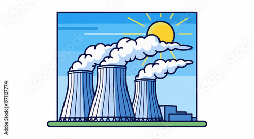 Three industrial cooling towers emitting steam under a sunny sky