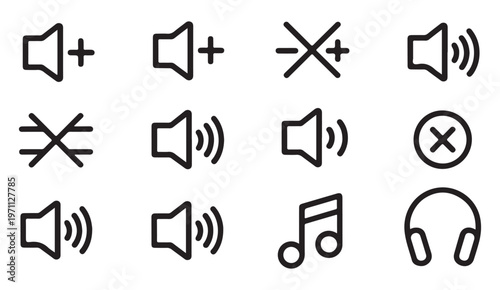Outline icons for sound volume controls mute function and music notation elements on plain background.