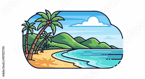 Tropical beach scene with palm trees, sandy shore, green hills, and ocean