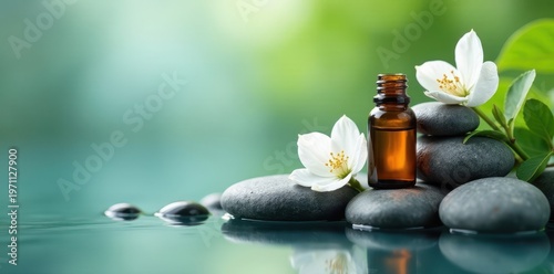 White blossoms, smooth stones, essential oil bottles, tranquil spa setting, treatment, beauty