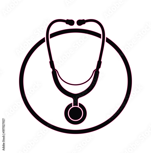 医療と健康のシンボル、聴診器のミニマルなモノクロベクトルイラスト。医療機関やヘルスケア関連のデザインに最適な、シンプルでプロフェッショナルなアイコン。