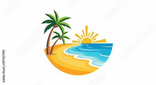 Tropical beach with palm trees, sun, and ocean waves