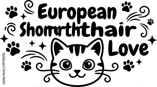 European shorthair love cat face with paw prints and sparkles vector art