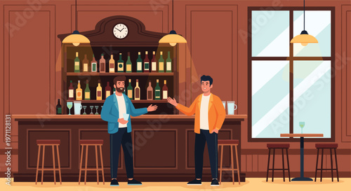 Two male friends meeting and talking at a wooden bar counter in a classic pub interior with bottles of alcohol on the shelves.