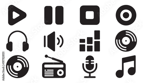 Solid media player controls and audio equipment icons play pause stop record headphones speaker vinyl radio.
