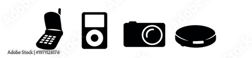 Retro tech icon set. flip phone, mp3 player, compact camera, wireless puck. flat vector illustration.