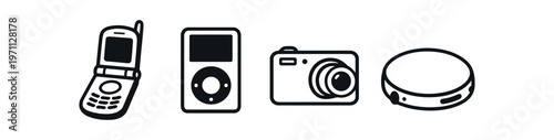 Retro tech icon set. flip phone, mp3 player, compact camera, wireless puck. line and flat vector illustration.