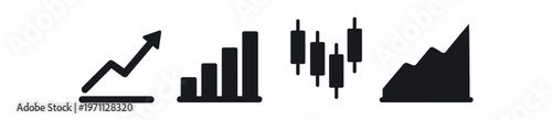 Financial chart icon set. rising trend, histogram, candlestick chart, area growth, analytics and stock symbols. flat vector illustration.