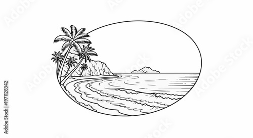 Tropical palm trees frame a serene ocean view with rolling waves and distant islands