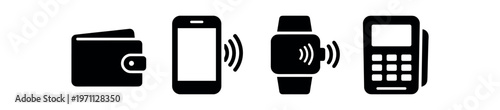 Digital payment and wallet icon set. filled wallet, mobile phone with nfc, smartwatch payment, pos terminal. flat vector illustration.