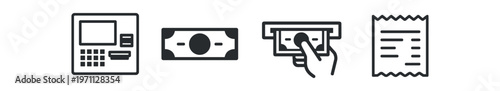 Cash payment icon set. atm, banknote, cash withdrawal, receipt, hand, payment, banking, finance. flat vector illustration isolated on white background.