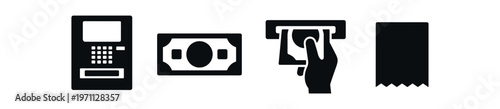 Atm cash withdrawal icon set. atm, money, banknote, receipt, payment, banking, transaction. flat vector illustration.