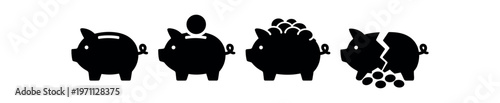 Piggy bank icon set. savings, coin deposit, full piggy, broken bank, money growth. line and flat vector illustration.