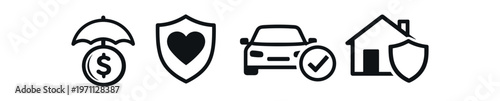 Insurance and protection icon set. money umbrella, heart shield, car insurance, home protection. line, flat and colored vector icon set.