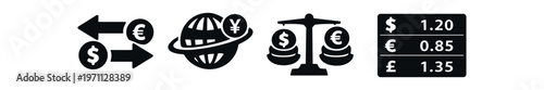 International money transfer icon set. currency conversion arrows, global exchange, weighing currencies, rate board. flat vector illustration.