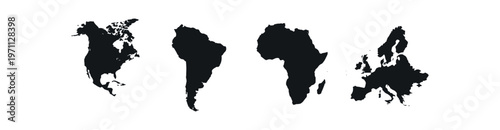 Continent silhouettes icon set. north america, south america, africa, europe, world map shapes, geography, travel. flat vector illustration.