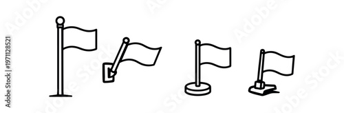 Flag on pole icon set. flag, mounted flag, pennant, pole base, planted flag. location marker, pinned flag, flagstand, map pin, waving. line, flat and colored vector icon set.