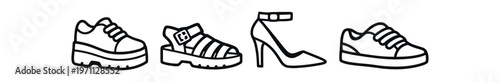 Women's shoe icon set. platform sneaker, gladiator sandal, high heel, low top trainer, footwear collection. line, flat and colored vector icon set.