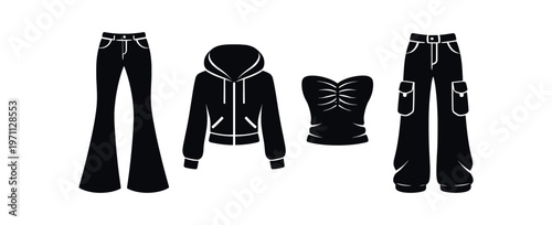 Women's clothing icon set. jeans, cropped hoodie, strapless top, cargo trousers, fashion apparel, casual wear. line, flat and colored vector icon set.