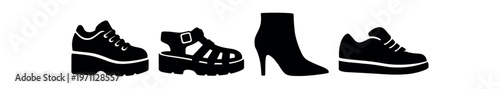 Y2k shoe silhouettes icon set. chunky platform, fisherman sandal, ankle boot, skate shoe, retro footwear shapes. line, flat and colored vector icon set.