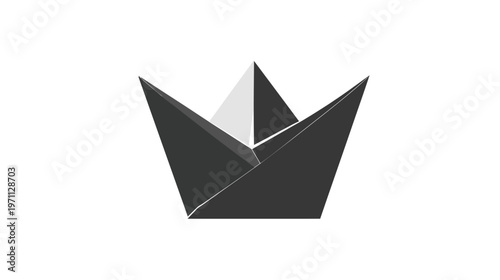 Minimalist geometric crown icon in black and white. Modern abstract paper-fold design representing royalty, leadership, or premium quality.