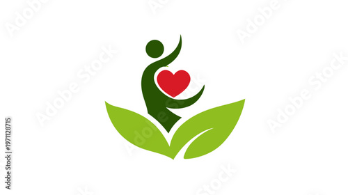Abstract human figure with red heart and green leaves symbolizing health, nature, wellness, vitality, and organic care