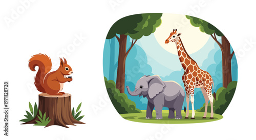 Nature themed collage showing a squirrel on a tree stump alongside a giraffe and elephant in a sunny forest clearing environment.