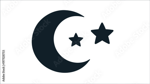Crescent Moon and Two Stars Icon on White Background - Celestial Night Sky Symbol Graphic Element