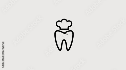 Dental tooth wearing a chef hat line icon, symbolizing healthy eating, nutrition, and oral care. Culinary and dentistry concept.