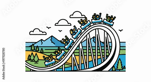 Thrill ride roller coaster swoops through a colorful landscape with mountains