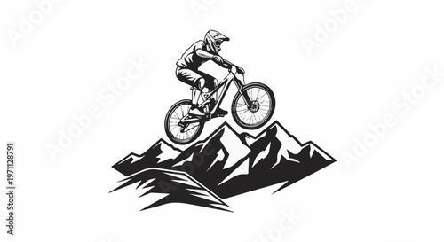Thrill seeker cycling downhill over sharp rocky mountain peaks