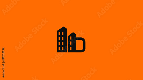 Minimalist cityscape logo icon with abstract buildings and letter D on a vibrant orange background, urban development concept