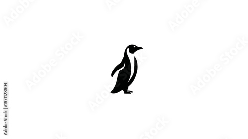 Minimalist black silhouette of a penguin standing upright on a clean white background, simple graphic design element or icon.
