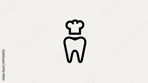 Creative dental chef icon. Black line art illustration of a healthy tooth wearing a chef's hat, symbolizing oral health and food.