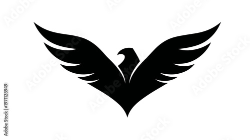 Stylized black bird silhouette with spread wings, majestic avian symbol of power, freedom, strength, and success