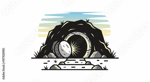 Tomb entrance with a rolled stone, light emanating from within