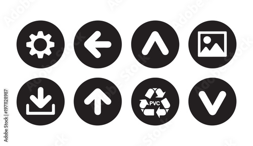Black circular icons with white symbols for settings, back arrow, up arrow, picture, download, and recycle.
