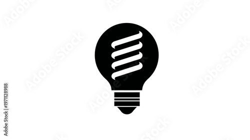 Black silhouette of an energy-efficient lightbulb with a coiled filament icon, symbolizing innovation, idea, and sustainability on a white background.