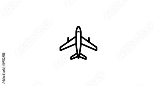 Minimalist black line art airplane icon on white background, vector illustration for global travel and aviation concepts.